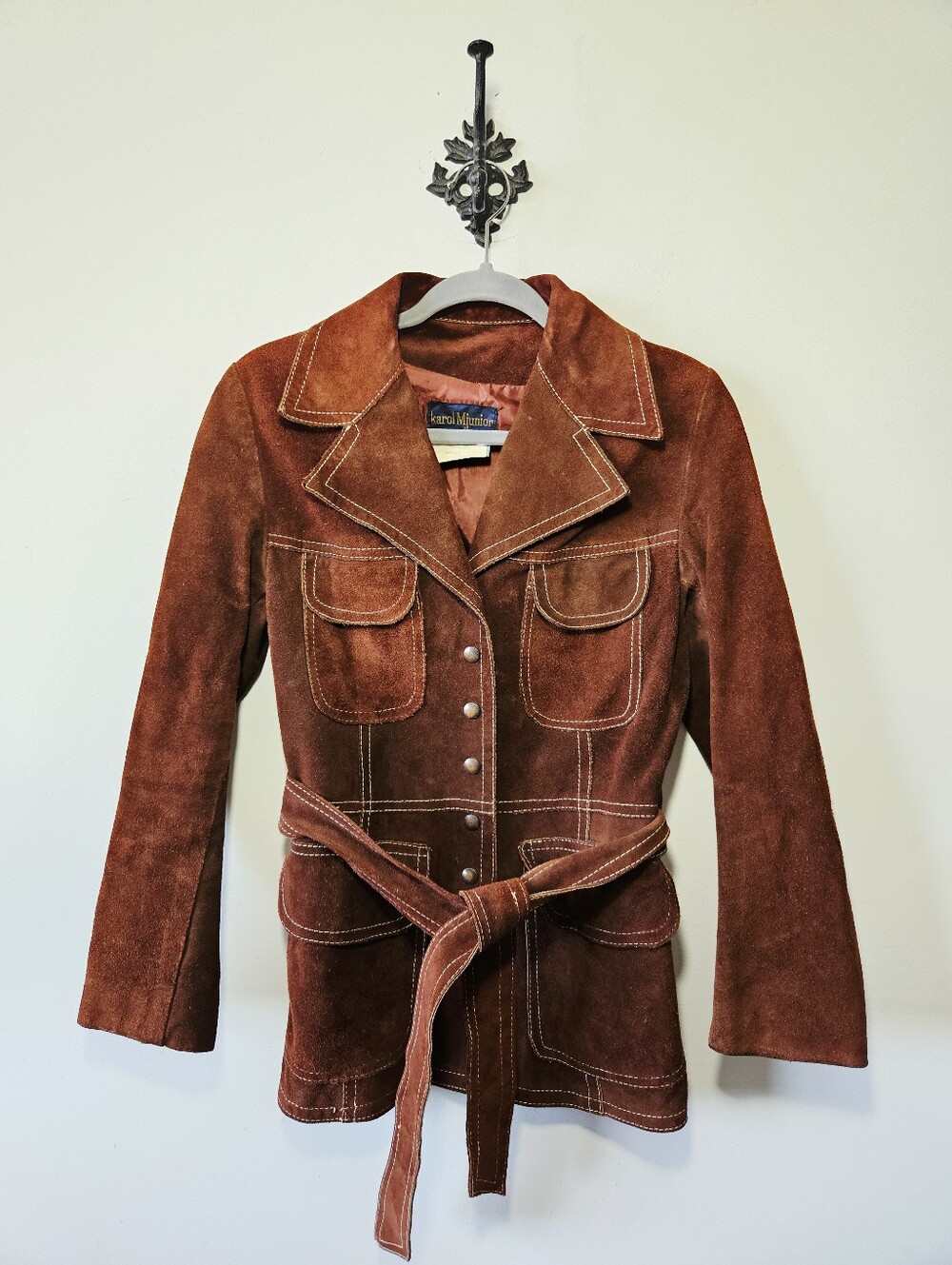 Vintage 70s Karol M Junior Leather Jacket Size S Brown Thick Stitch Boho - Picture 2 of 4